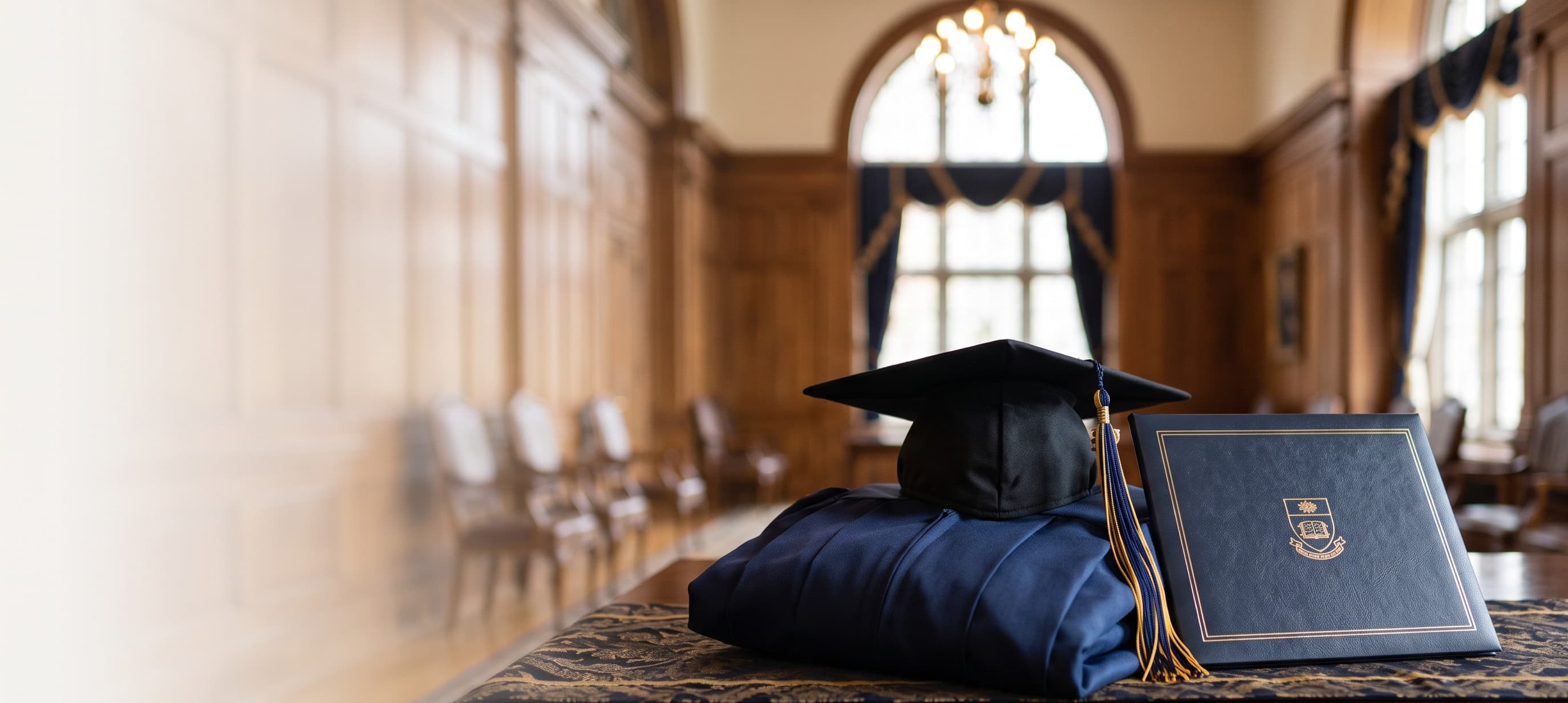 Graduation cap, gown and certificate prepared for the ceremony